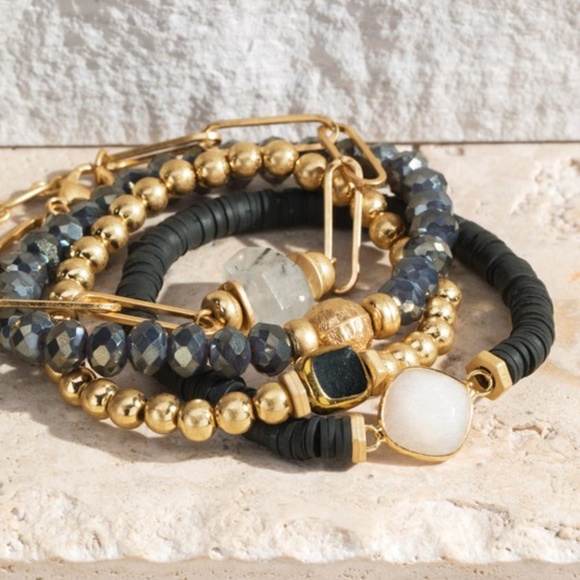 Jewelry - SOLD OUT Black Natural Stone Glass & Disc Bead Mix Layered Stretch Bracelet Set